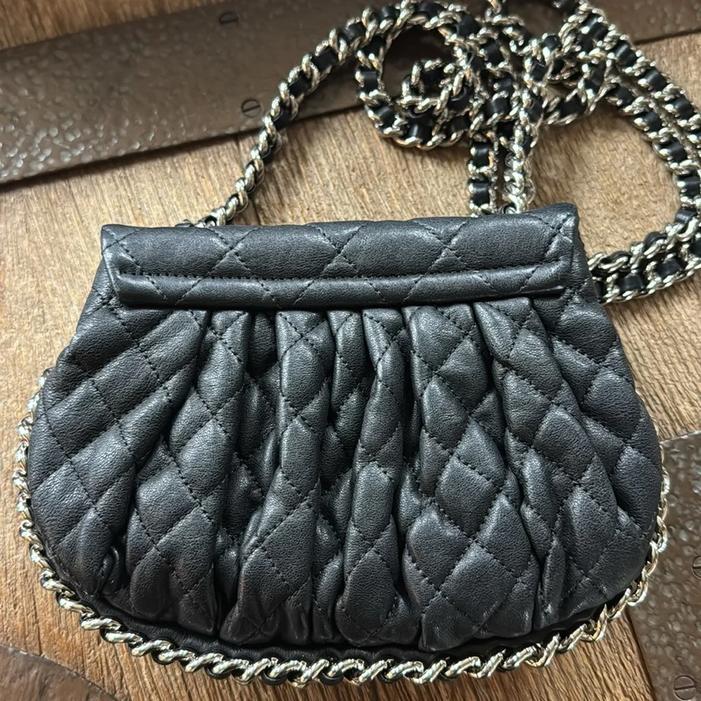 Chanel black leather chain around crossbody bag chunky silver hardware 8x6